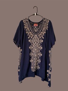 Johnny Was Navy Tunic with Cream Floral Embroidery